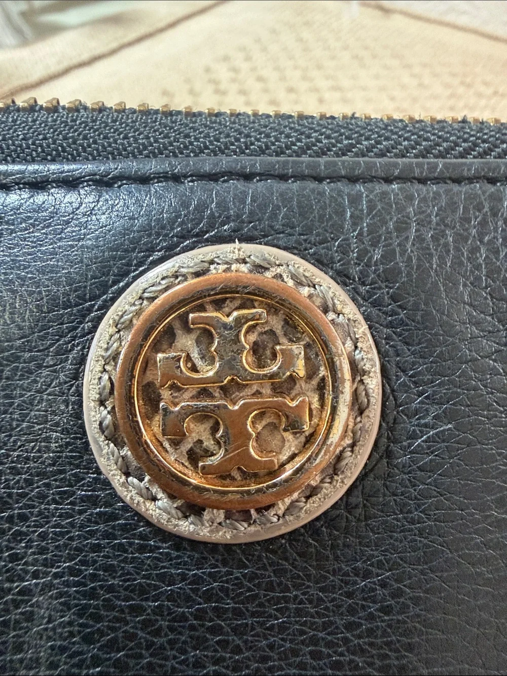 Tory Burch Black Pebbled Leather Zip Around Continental Wallet Gold Logo